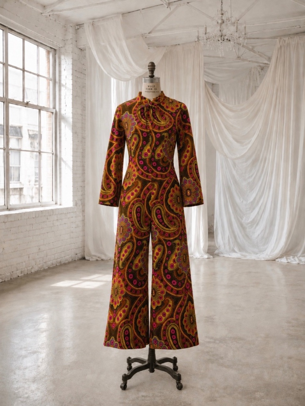 Vintage 1970s RARE One of Kind Velvet Velour Paisley Jumpsuit Bell Sleeve S